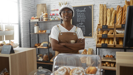 Young, african, american, woman, standing in a bustling bakery with a variety of breads and pastries, looking confident, with arms crossed, surrounded by baked goods in a well-lit room