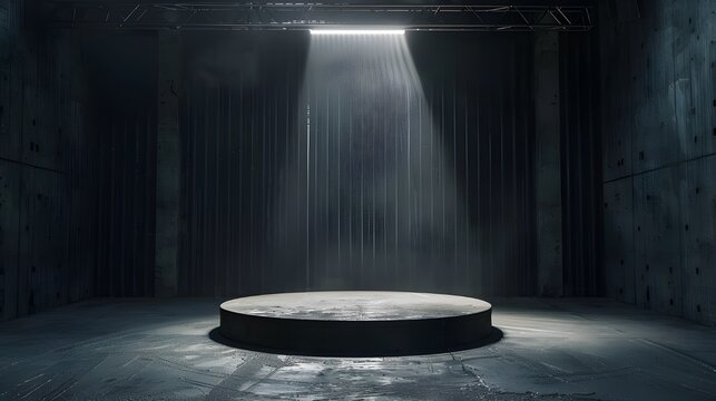 Front view dark Smokey garage interior with spotlight and round pedestal on concrete floor, product presentation background and empty stage concept.