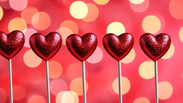 A row of red hearts are lined up on a red background