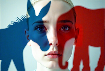 A woman's face divided by the shadows of a donkey and elephant, symbolizing political choice.