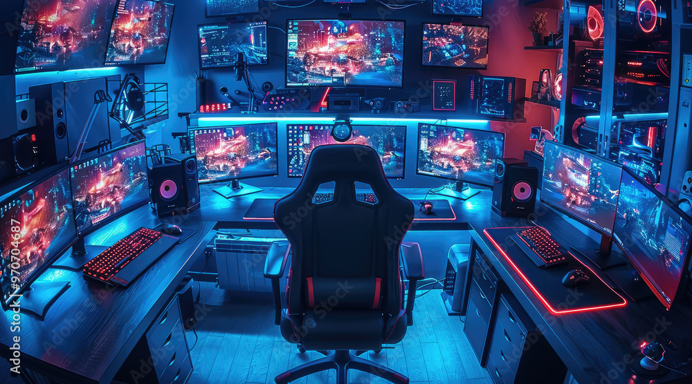 Fototapete top view, a gaming setup with neon lights, multiple monitors displaying game graphics, and an armcha