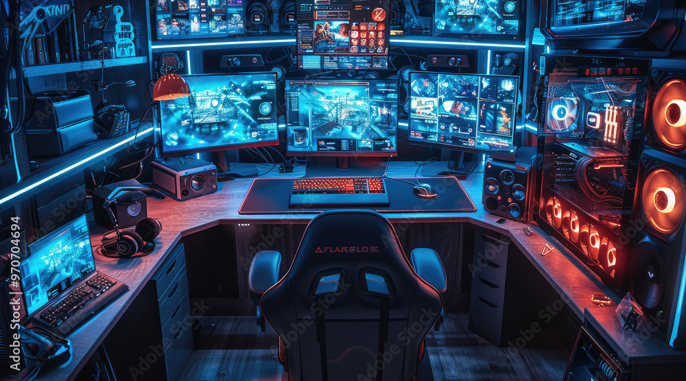 Poster top view, a gaming setup with neon lights, multiple monitors displaying game graphics, and an armcha