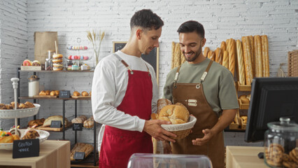 Two adult men bakers wearing aprons working together in an indoor bakery shop with various bread on display and smiling at each other while holding basket of baked goods