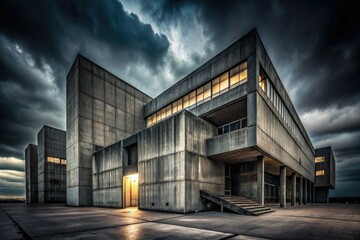 Obraz premium minimalist modern industrial brutalist concrete architecture monochromatic geometric abstract urban decay gritty moody dramatic backlight haunting isolated desolate compelling narrative storytelling