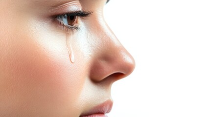 A Profile View Of A Face With A Single Tear Rolling Down On A Stark White Background Capturing A Moment Of Emotion And Vulnerability . Generative ai
