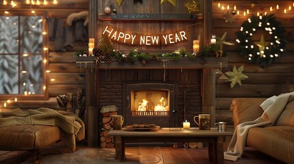 A rustic wooden cabin interior with "HAPPY NEW YEAR" carved into a fireplace mantle, surrounded by cozy blankets, mugs of hot cocoa, and New Yeara??s Eve decorations.