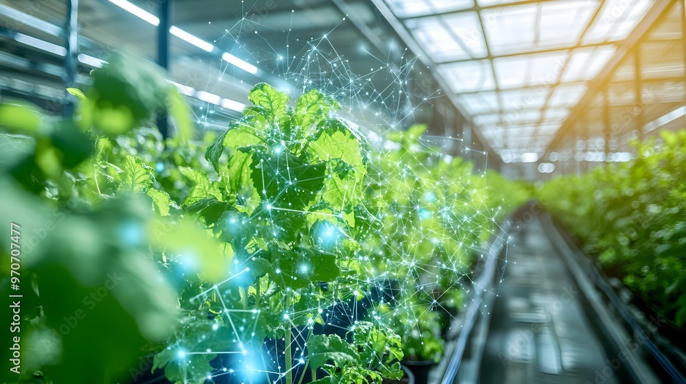 Poster innovative modern agriculture technology showcases an automated greenhouse with hydroponics,smart se