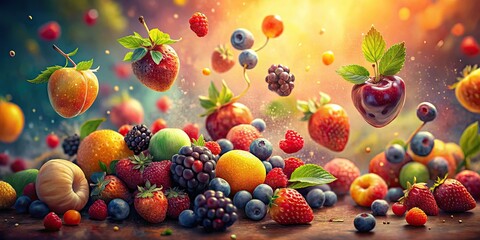 dreamy impressionist illustration of fruits and berries dissolving into a soft focus background with warm colors and gentle brushstrokes