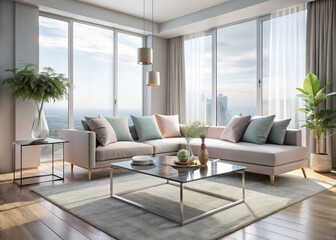 Naklejka premium Contemporary glass coffee table in sleek living room with floor-to-ceiling windows, minimalist decor, and soft pastel hues, evoking modernity, simplicity, and calmness.