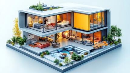Fototapeta premium Modern architectural house with open spaces and outdoor areas.
