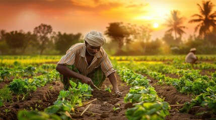 indian farmer working in vegetable garden at sunset
