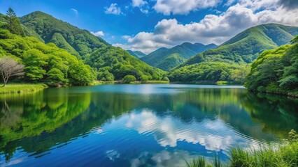 Serene lake nestled in the lush Aso Mountains of Fukuoka, Japan, mountains, lake, Aso, Fukuoka, Japan, serene, scenic