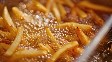 Golden French Fries Frying in Hot Oil with Bubbling Surface in a Deep Fryer