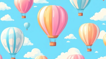 Colorful Hot Air Balloons Flying in Blue Sky with Clouds Seamless Pattern
