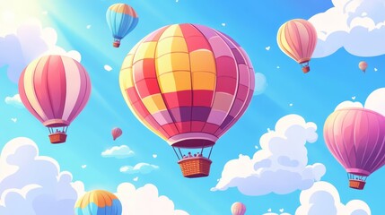 Obraz premium Colorful Hot Air Balloons Flying in Blue Sky with White Clouds