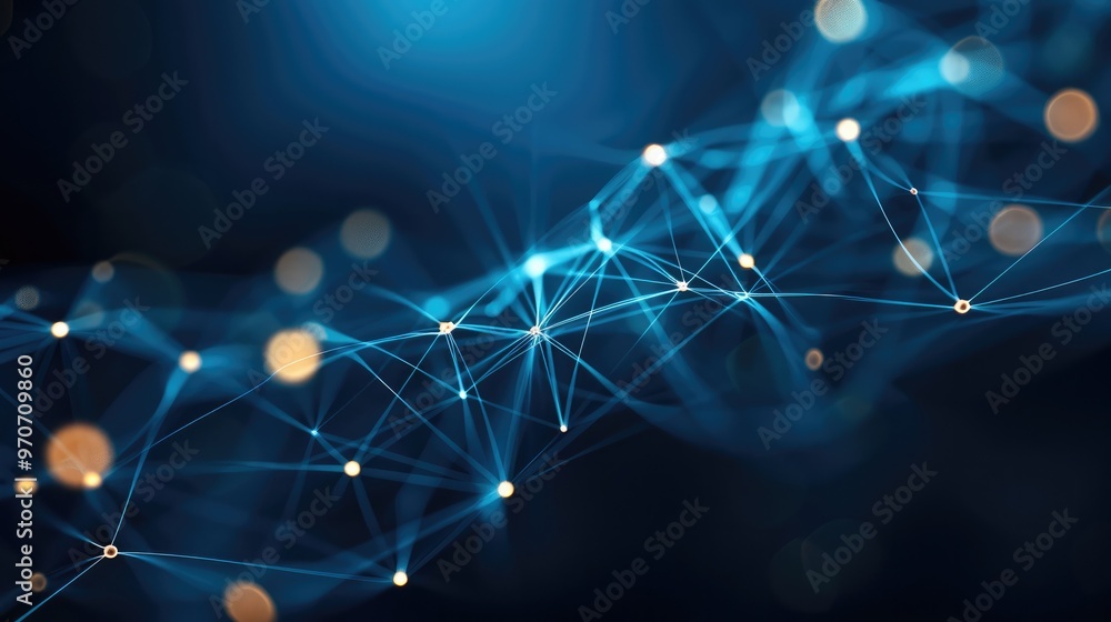 Poster Abstract digital network connections with nodes and lines on a dark blue background, concept of connectivity. Generative AI.