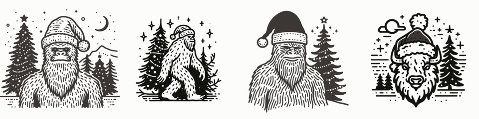 Festive illustrations of a playful yeti in various Christmas settings, blending holiday cheer with whimsical nature.