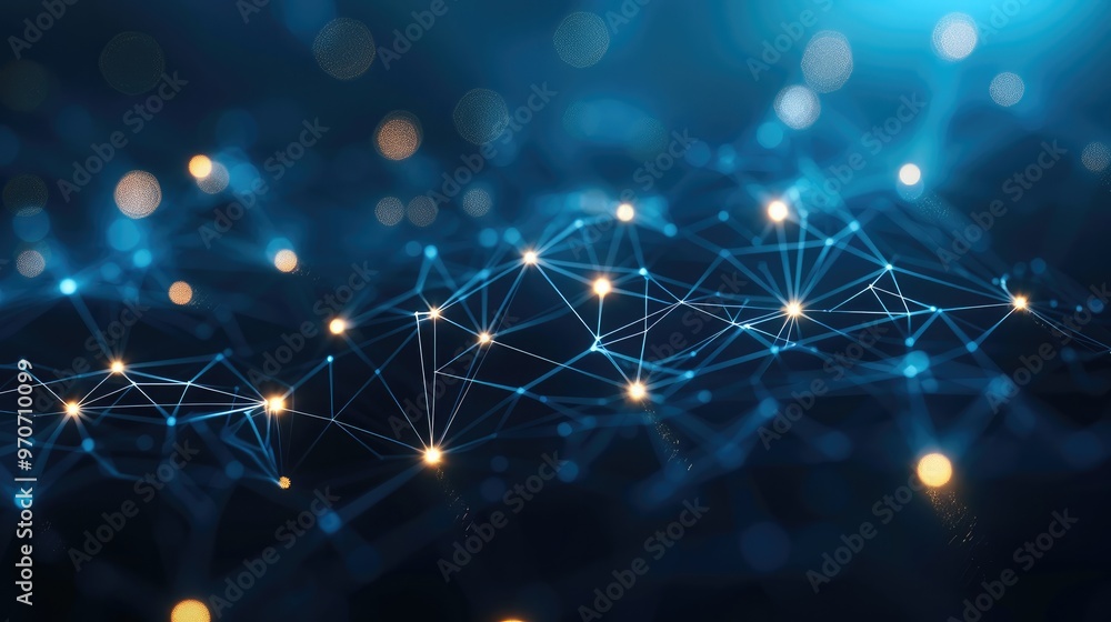 Poster Abstract digital network connections with nodes and lines on a dark blue background, concept of connectivity. Generative AI.