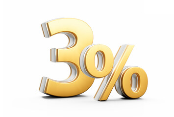 Shiny Golden 3% Three Percent Sign With Sleek Metallic Gleam On White Background 3D Illustration