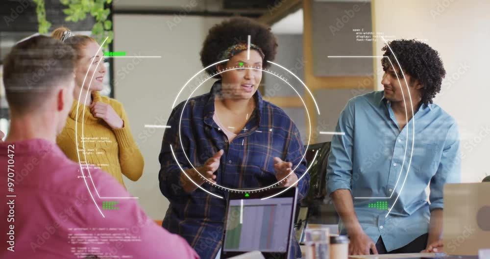 Poster animation of data processing and scope scanning over diverse colleagues discussing work in office