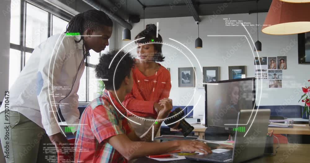 Aufkleber Animation of data processing and scope scanning over diverse colleagues discussing work in office