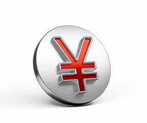 Obraz premium Vibrant Red Japanese Yen Currency Symbol On A Metallic Silver Disc Icon 3D Illustration