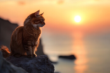 A majestic orange cat sits on a rock, gazing at a sunset over the tranquil sea.