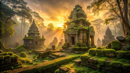Majestic mystical ancient temple ruins overgrown with moss at twilight foggy misty atmosphere shallow depth of field warm golden light