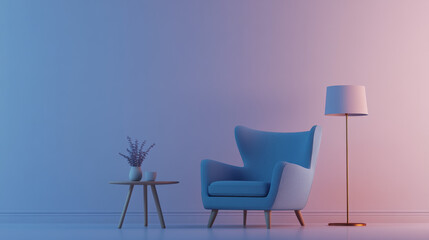 A blue armchair, table, and lamp are in a simple room. The background is a plain color, making the furniture stand out.