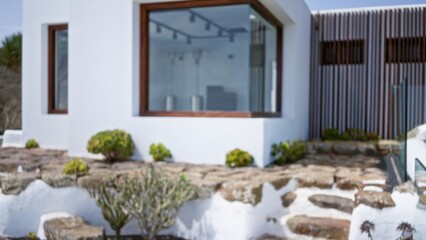 Blurred view of a modern house exterior with succulents in the foreground and large windows featuring sleek design elements