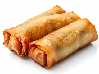 Photo of Three Crispy Fried Spring Rolls on White Background