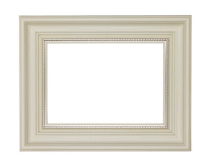 Empty white wooden picture frame with ornament isolated on white background