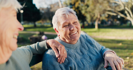 Friends, happy and senior women in park for bonding, conversation and relax together outdoors....