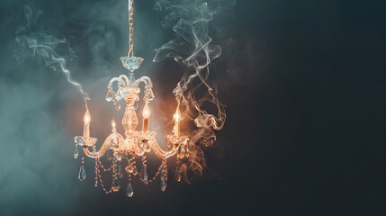 Gothic chandelier, crystal tears, dimly lit corridor