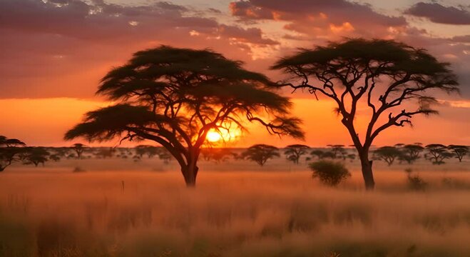 Baobab tree in the savannah at sunset.