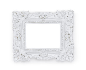 Empty white vintage frame with baroque ornaments on white background providing copy space