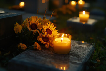 Lit Candles and Fresh Flowers on Graves for All Saints' Day 