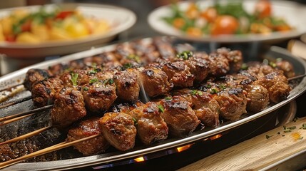 Lamb kebabs, restaurant, warm light. Generative AI.