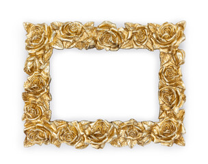 Golden picture frame featuring ornate floral designs is isolated on a white background