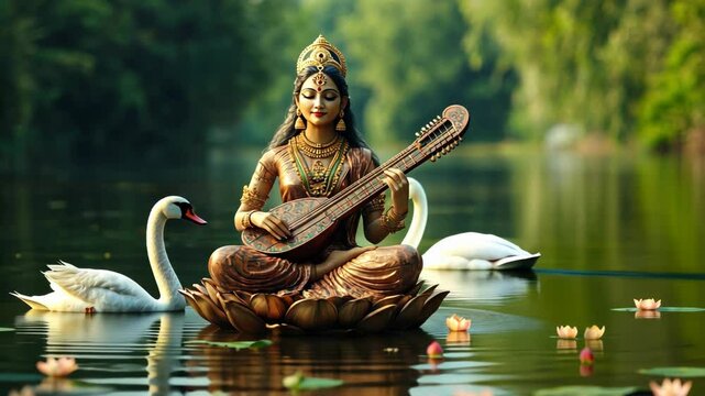 A statue of the Hindu goddess Saraswati playing a string instrument, surrounded by swans on a serene lotus pond, signifies Vasant Panchami and spirituality