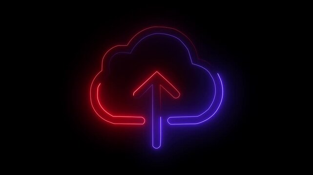glowing neon line red blue color upload icon animation on dark background. 