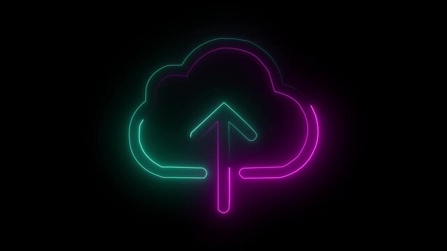 glowing neon line upload cloud icon animation purple cyan color on dark night background.