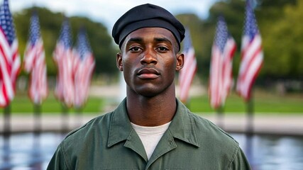 African American male soldier in uniform standing in front of American flags, representing Veterans Day, Memorial Day, and patriotism