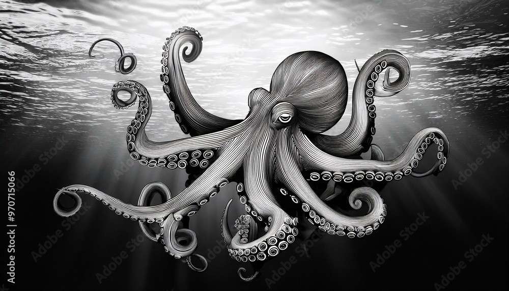 Wall mural illustration of an octopus on black background