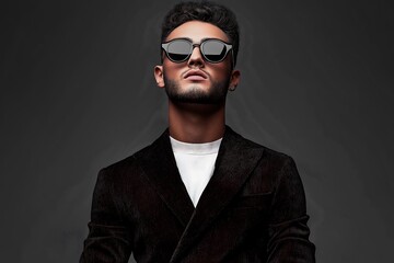 Obraz premium Elegant young handsome man in suite wearing glasses. Studio fashion portrait