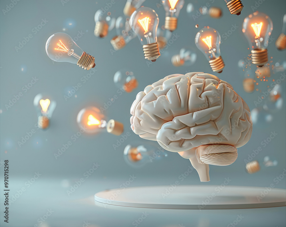 Poster A glowing brain with light bulbs floating around, each symbolizing a new idea, vibrant and dynamic. Generative AI.