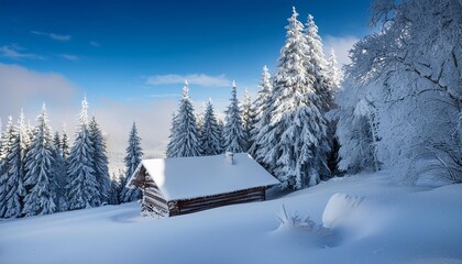 Fototapeta premium Frosted snow-covered mountain cabin.