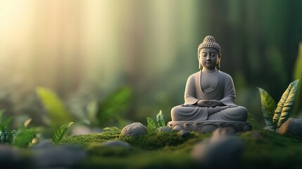 A serene Buddha statue surrounded by lush greenery and soft light, symbolizing peace, tranquility, and spiritual growth.