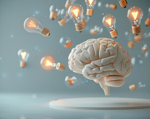 A glowing brain with light bulbs floating around, each symbolizing a new idea, vibrant and dynamic. Generative AI.