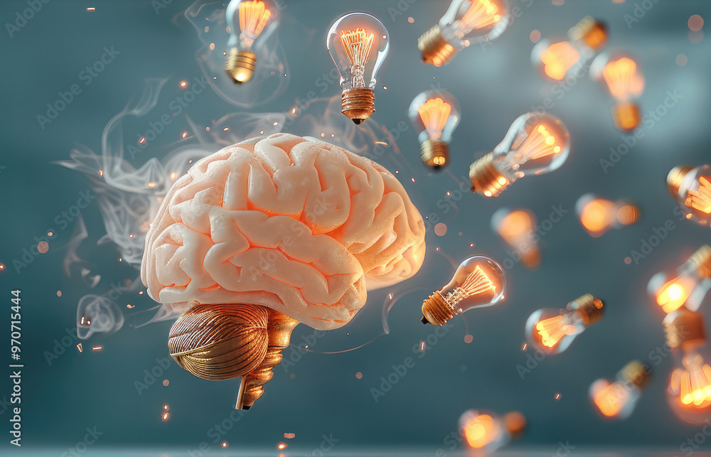 Leinwandbilder a glowing brain with light bulbs floating around, each symbolizing a new idea, vibrant and dynamic. 
